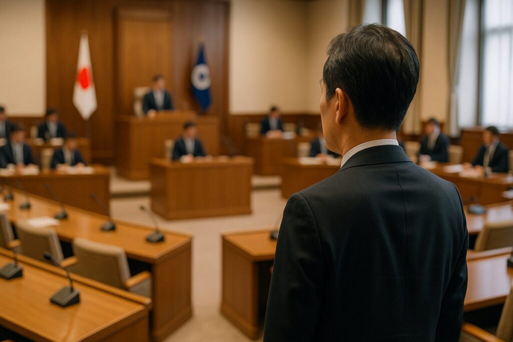 市議会の議場と市政の仕組みをイメージ（市民参加と市議会の役割）