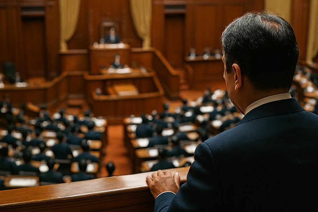 国会の権限の今後の展望を表す近代的な都市と国会