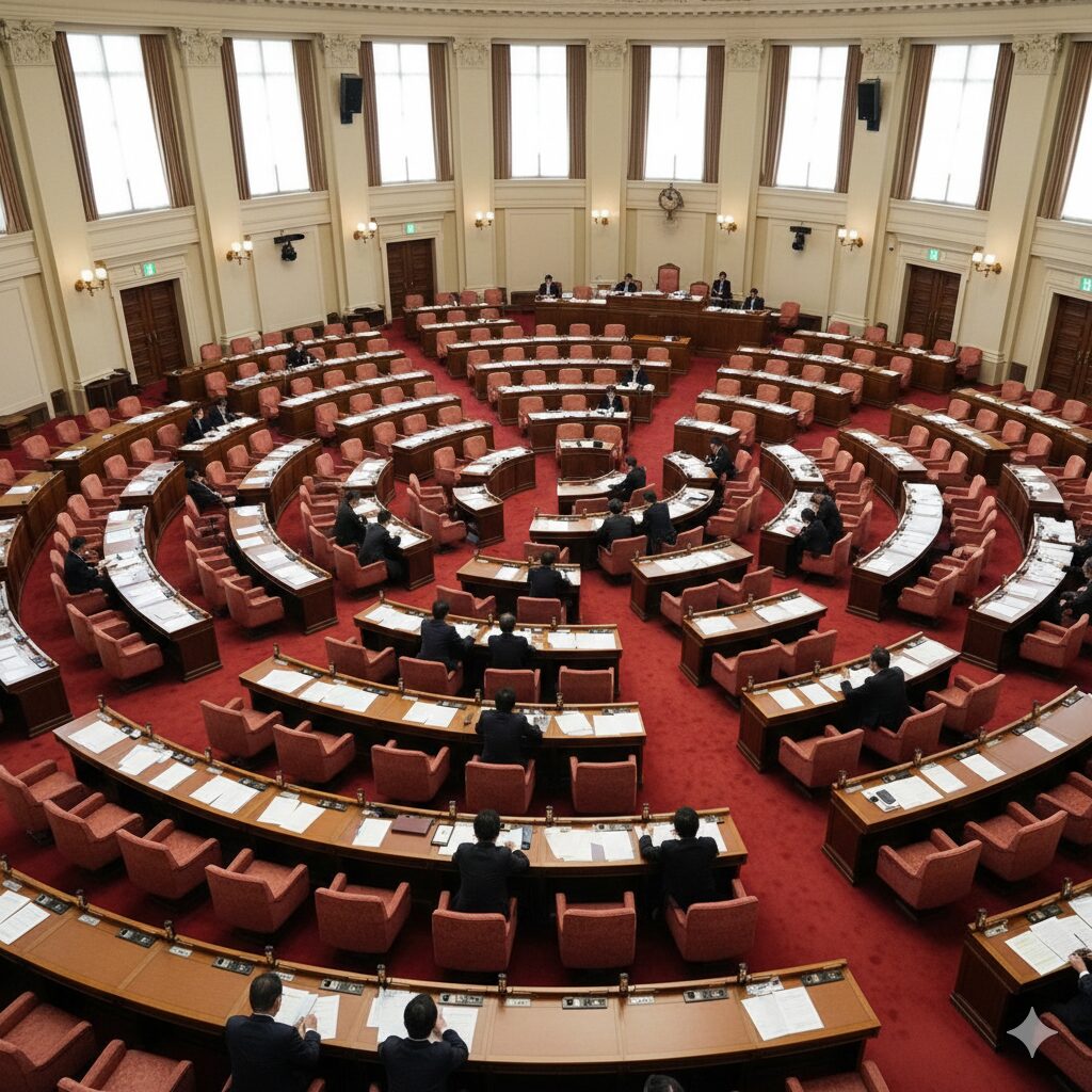 衆議院本会議場の座席配置（2024年）の見方を説明する図解イメージ