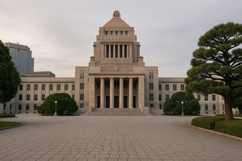 国会議事堂と内閣不信任決議の憲法上の仕組みを示すイメージ