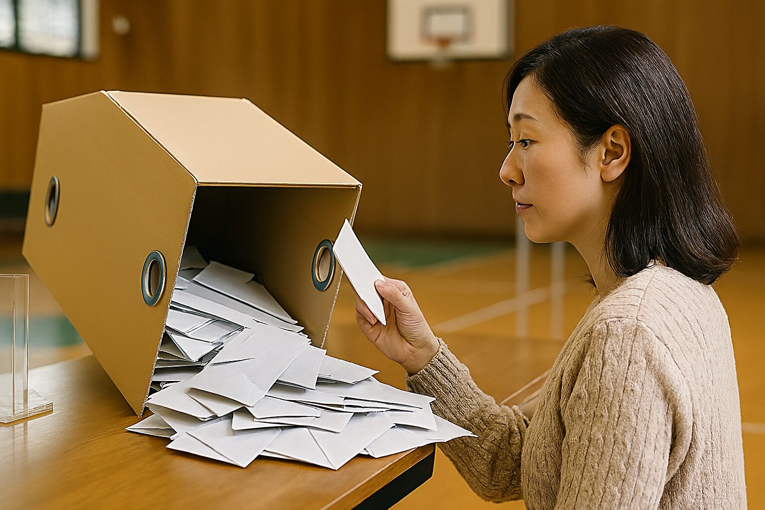 開票立会人の女性が投票用紙を確認
