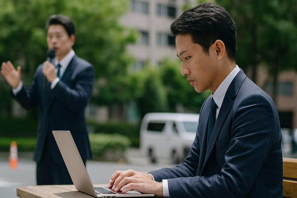 政治家副業の机上、ノートPCと手帳