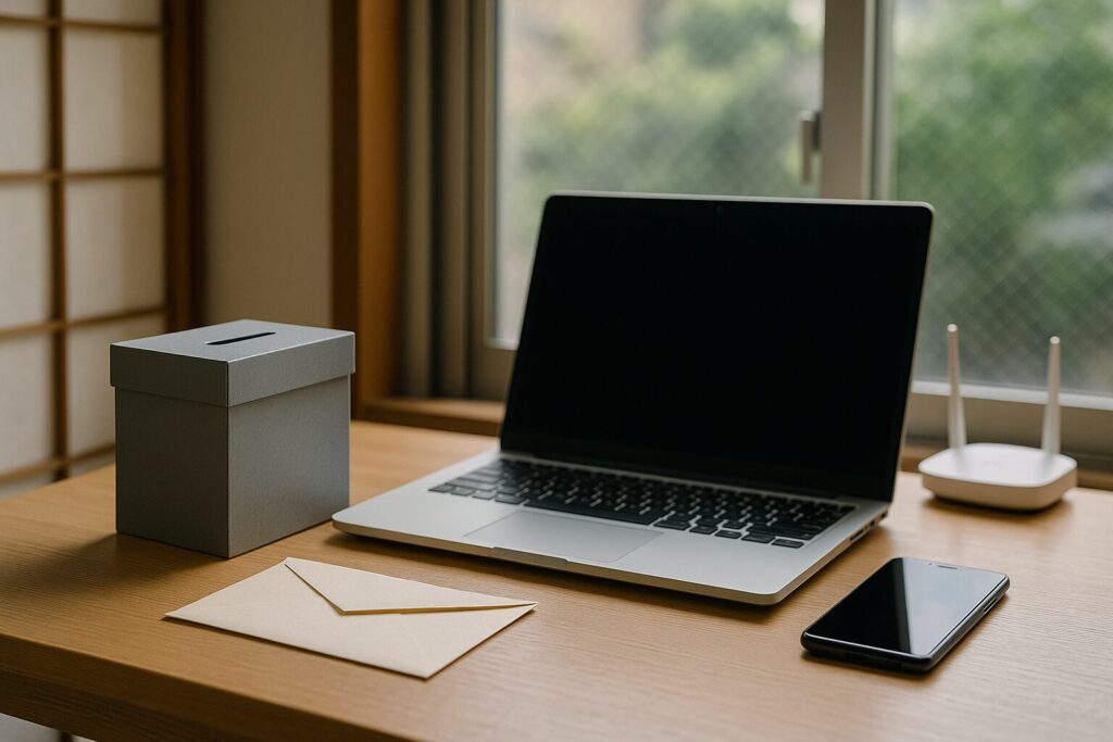 和室の机にPCと投票箱、選挙運動 インターネットと封筒