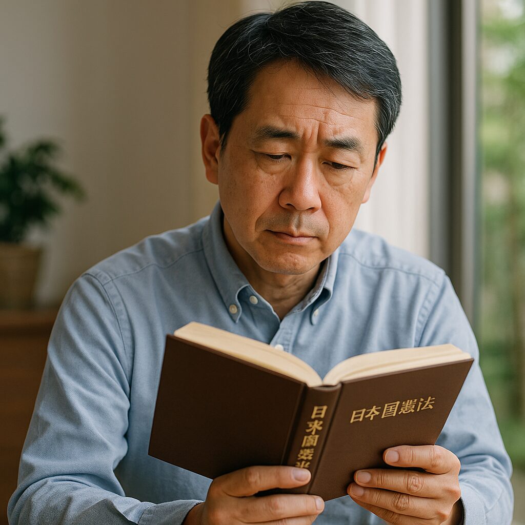 日本国憲法の条文集と天秤が並ぶイメージ。憲法の全体像を示す象徴的な構図