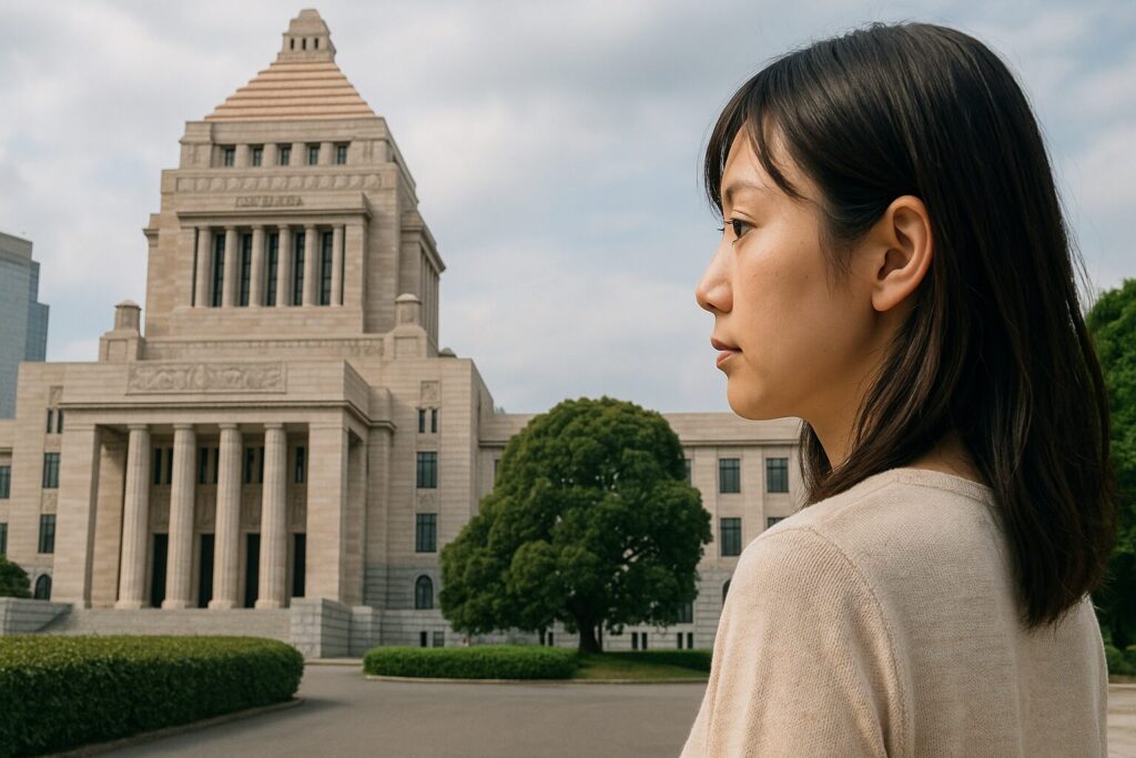 国会議事堂と立法権を象徴する天秤と法槌、開かれた法律書が並ぶ情景