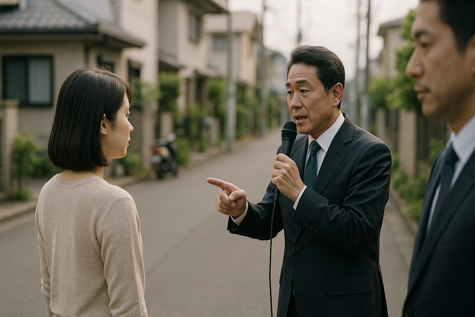 東京26区で演説する政治家と女性有権者