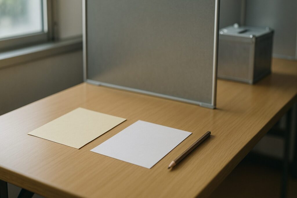 参議院選挙 投票用紙 何枚を机上で示す