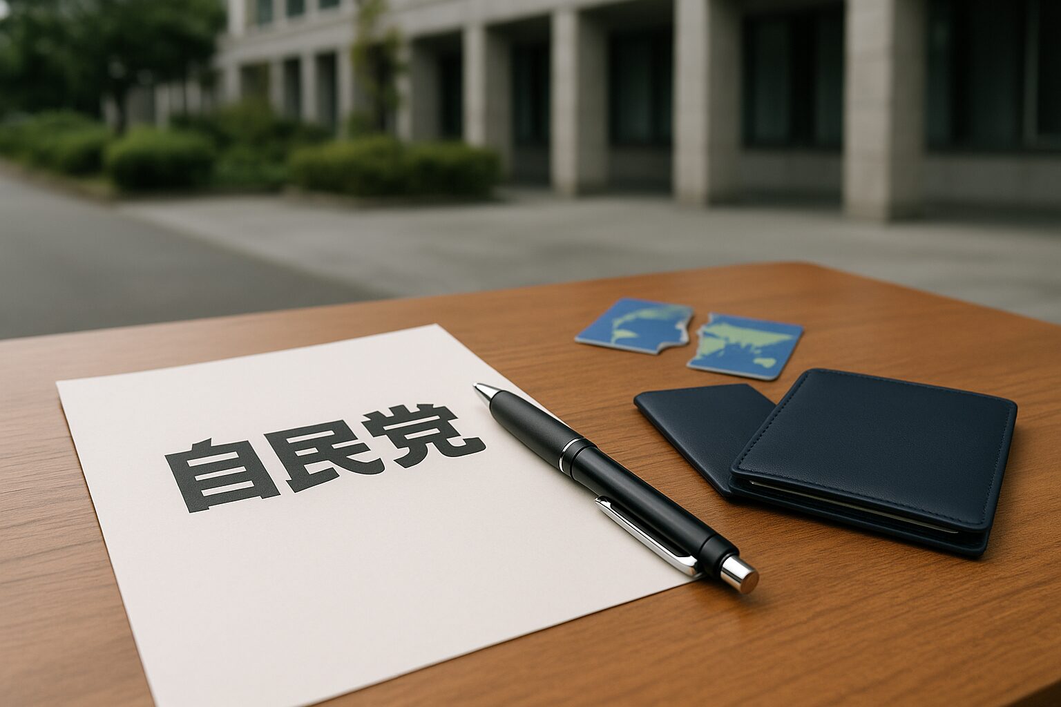 自民党党員退会を連想させる机上の書類と割れたカード