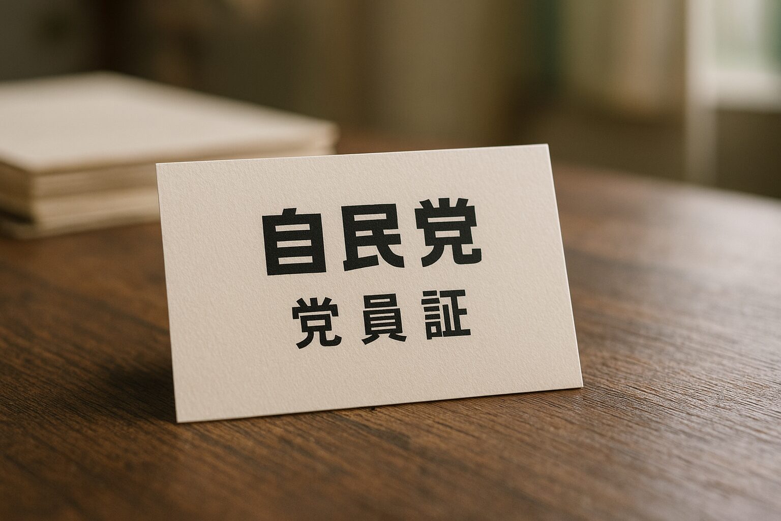 自民党党員証いつ届くを示す木製机の上のカードケース