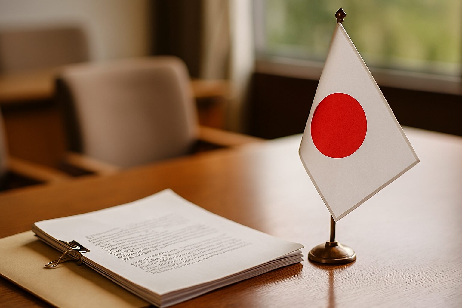 自民党一般党員特別党員違いを象徴する机上の国旗と書類