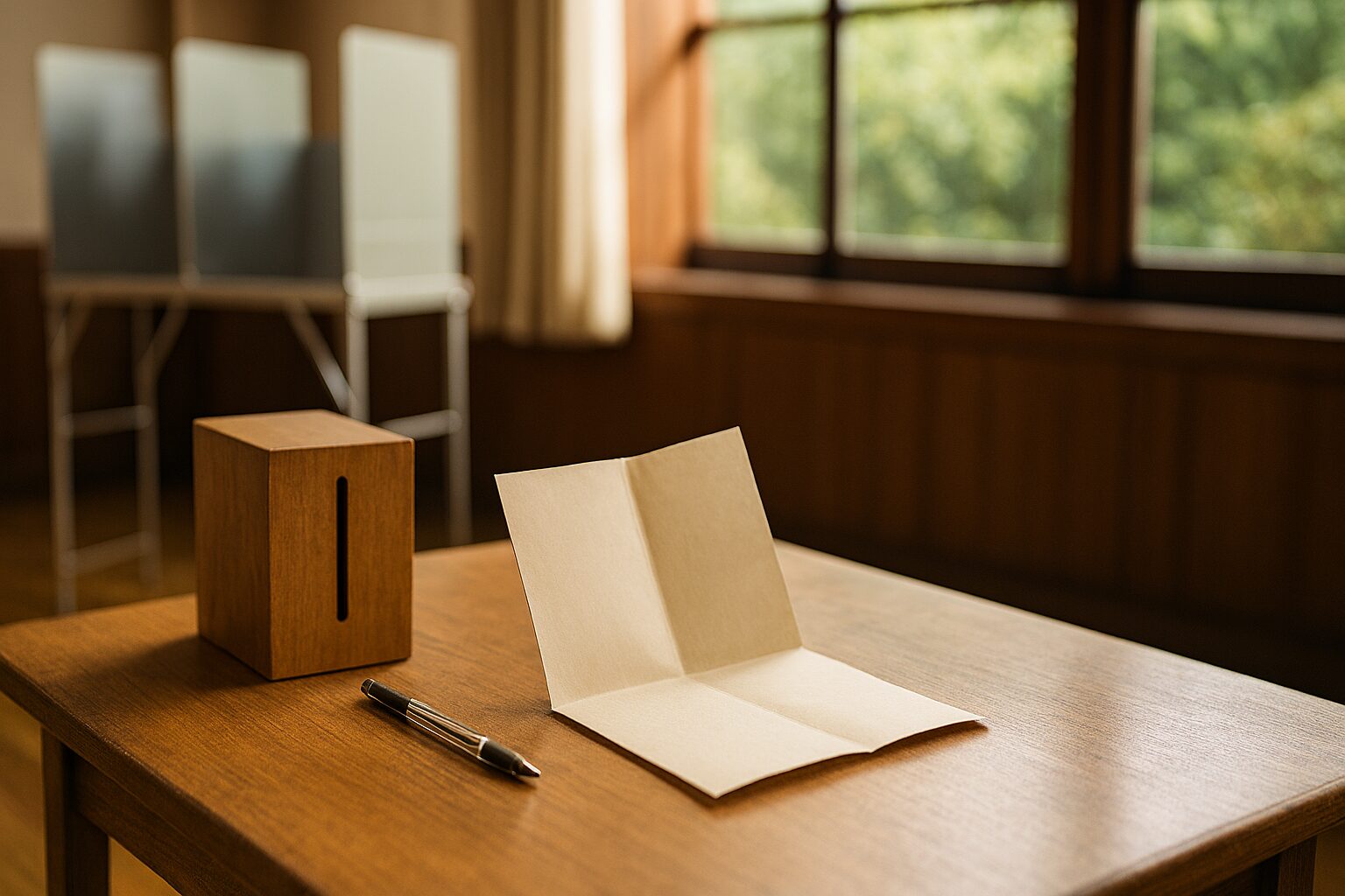 参議院選挙比例区投票方法を示す記載台と投票用紙