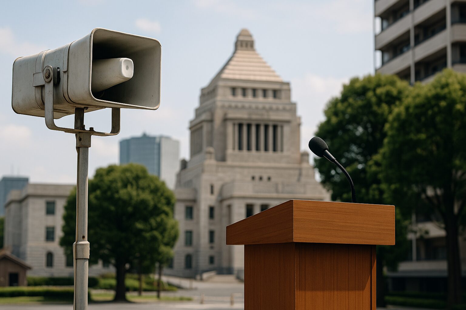 自民党演説日程を想起させる屋外の演説台と拡声器
