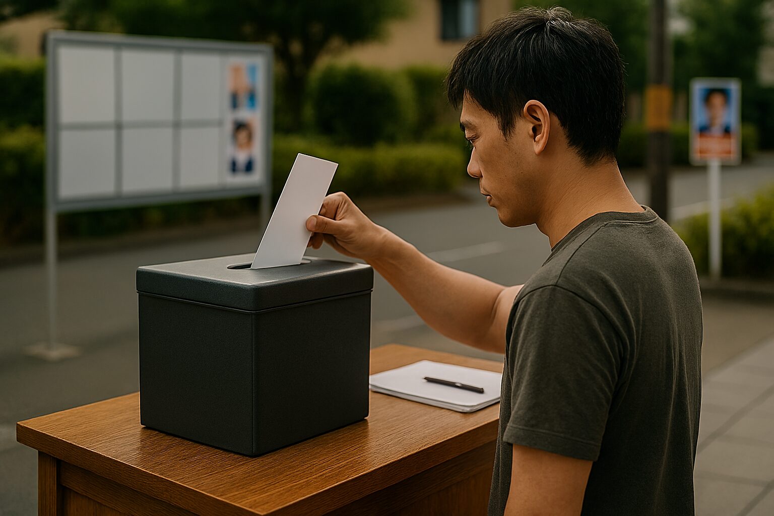 比例代表候補者名とはを考える男性の投票場面