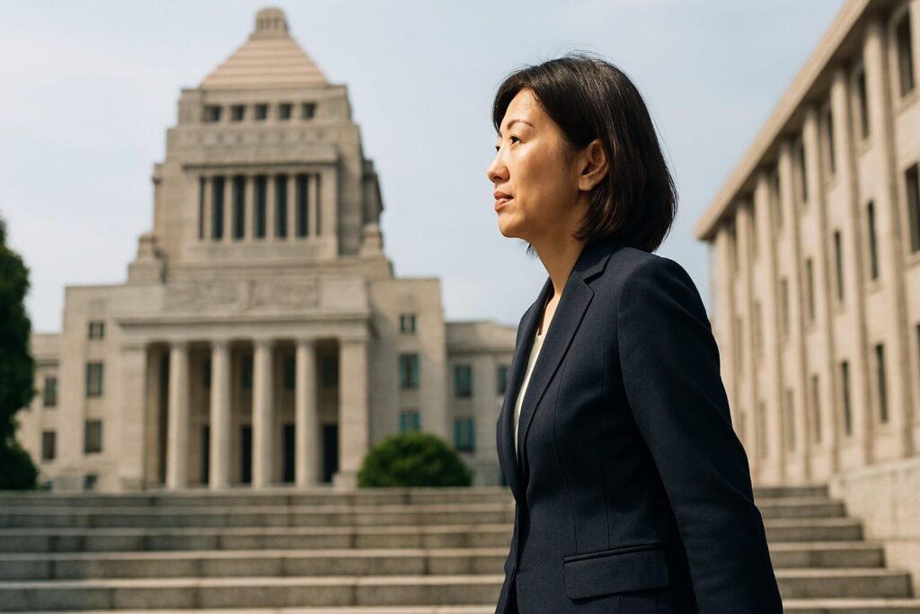 国会議員の定年制度を説明する日本人女性