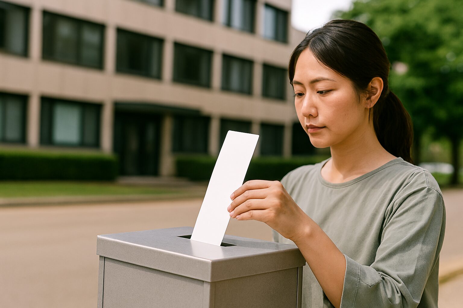 選挙で投票してと言われる会社前の日本人女性