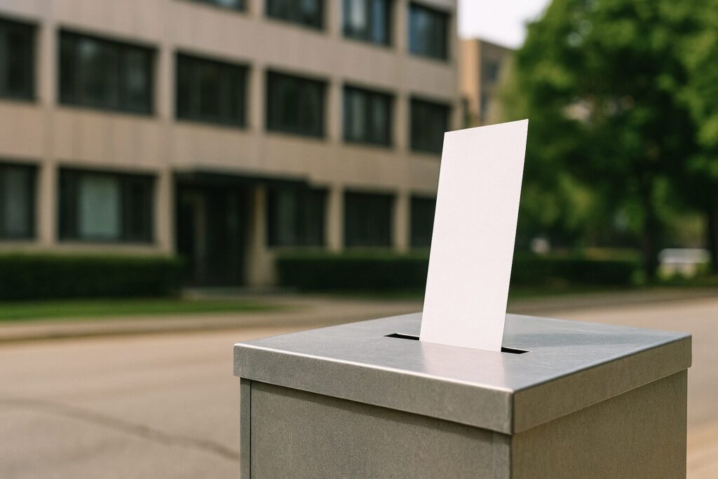 会社で投票依頼へ対応する場面