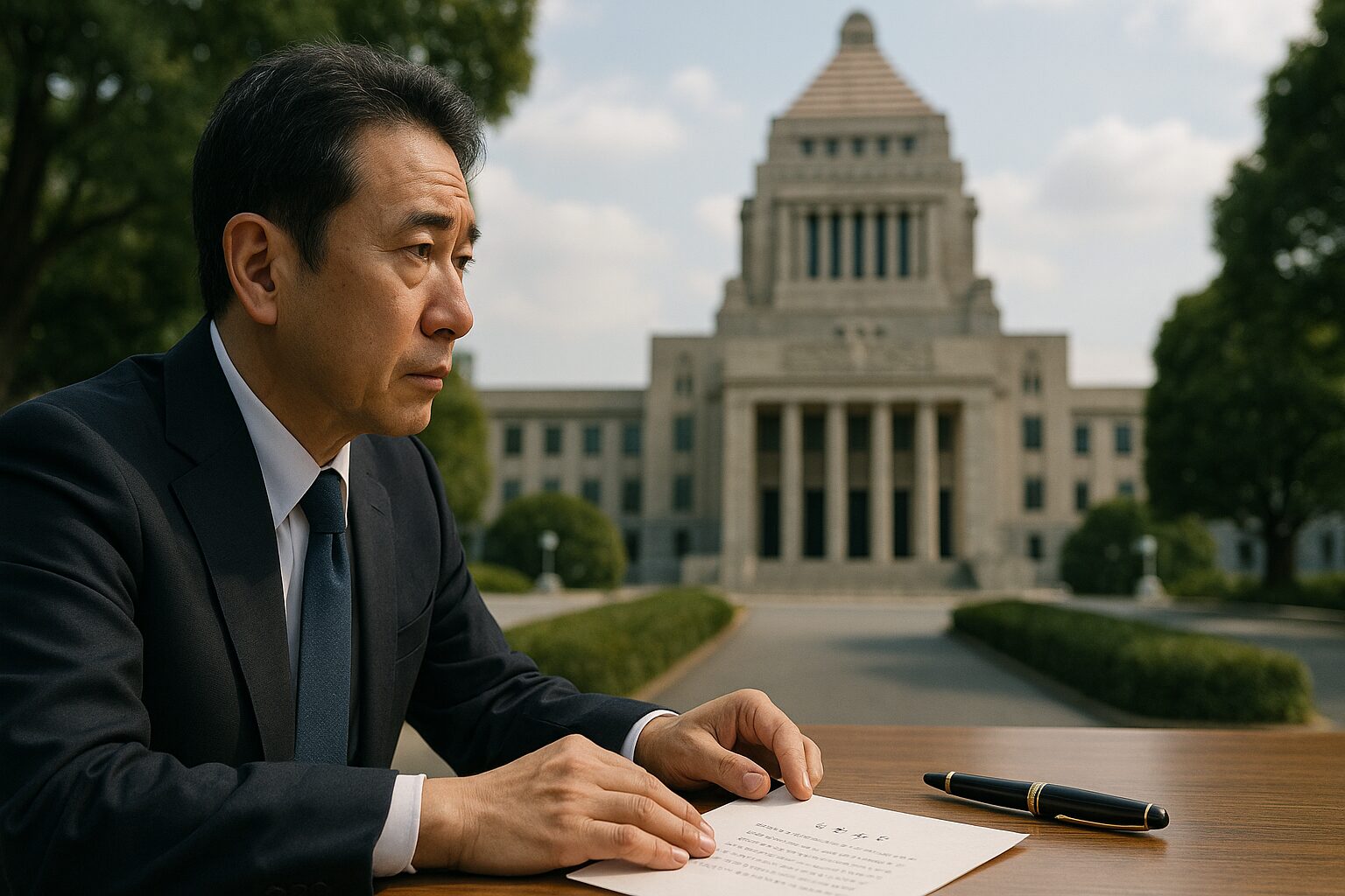 質問主意書を手に参議院を見つめる男性