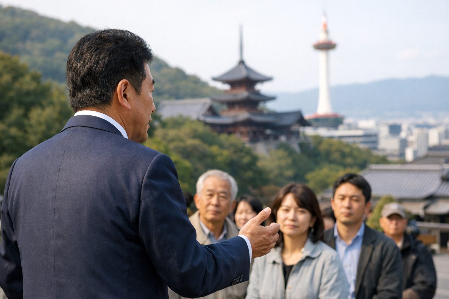 京都の街並みを背景に日本人男性と立憲民主党の趣旨