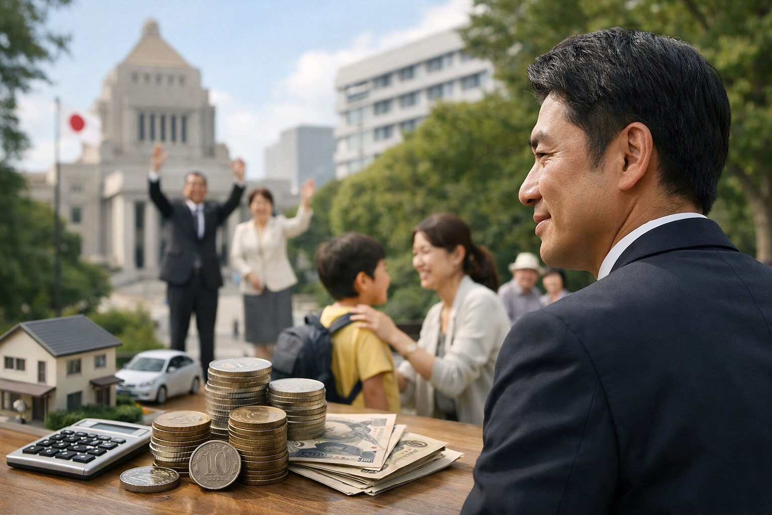 税金下がる説明を見る日本人男性