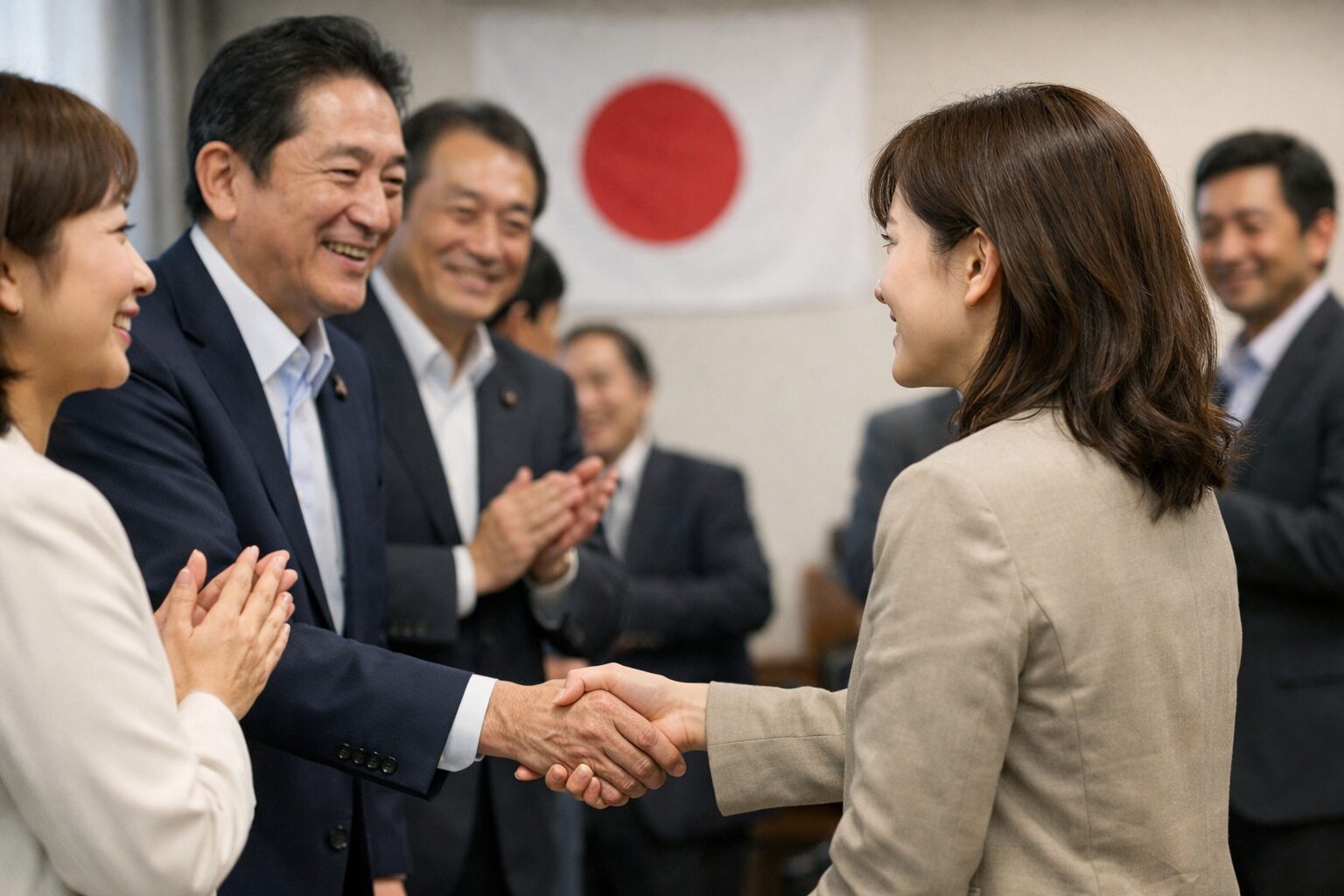 日本人女性が自民党の入党手続きに取り組む場面