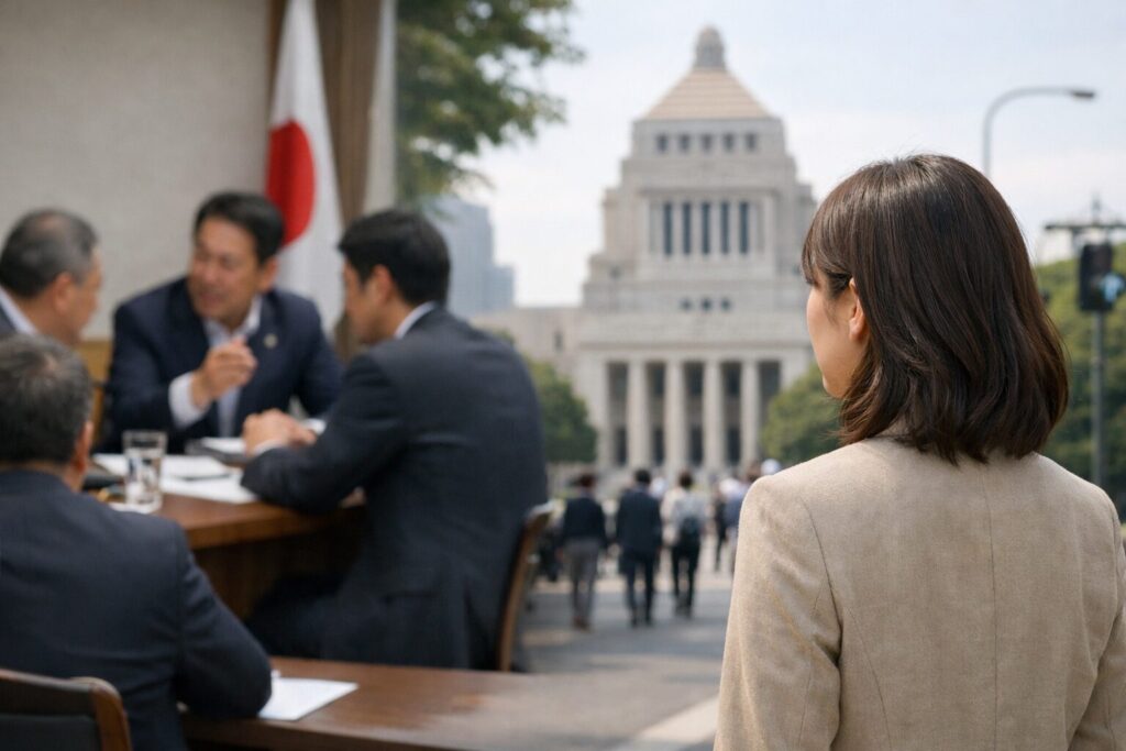 自民党の入党後の流れを確認する日本人女性