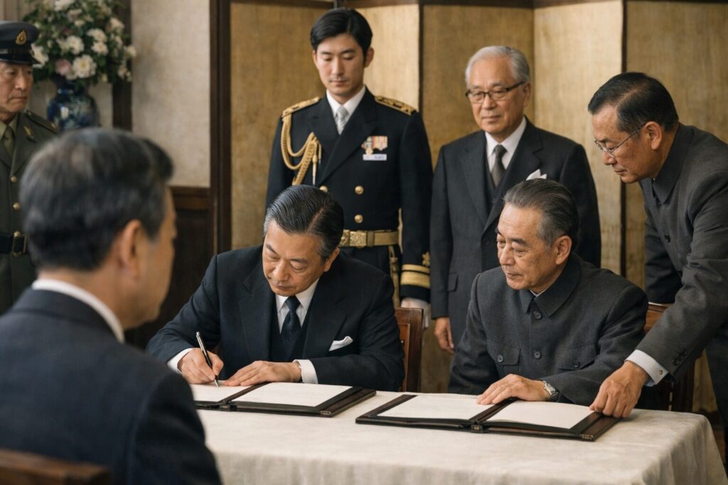 日華平和条約を読む日本人男性