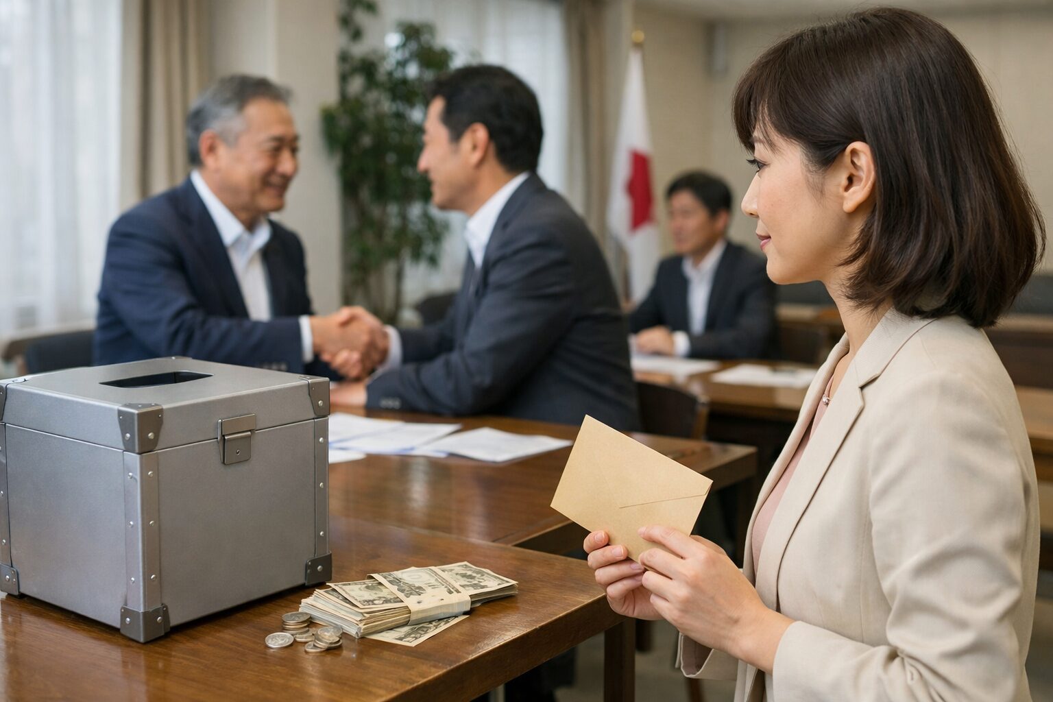 日本人女性が自民党員会費の内容を確認する場面