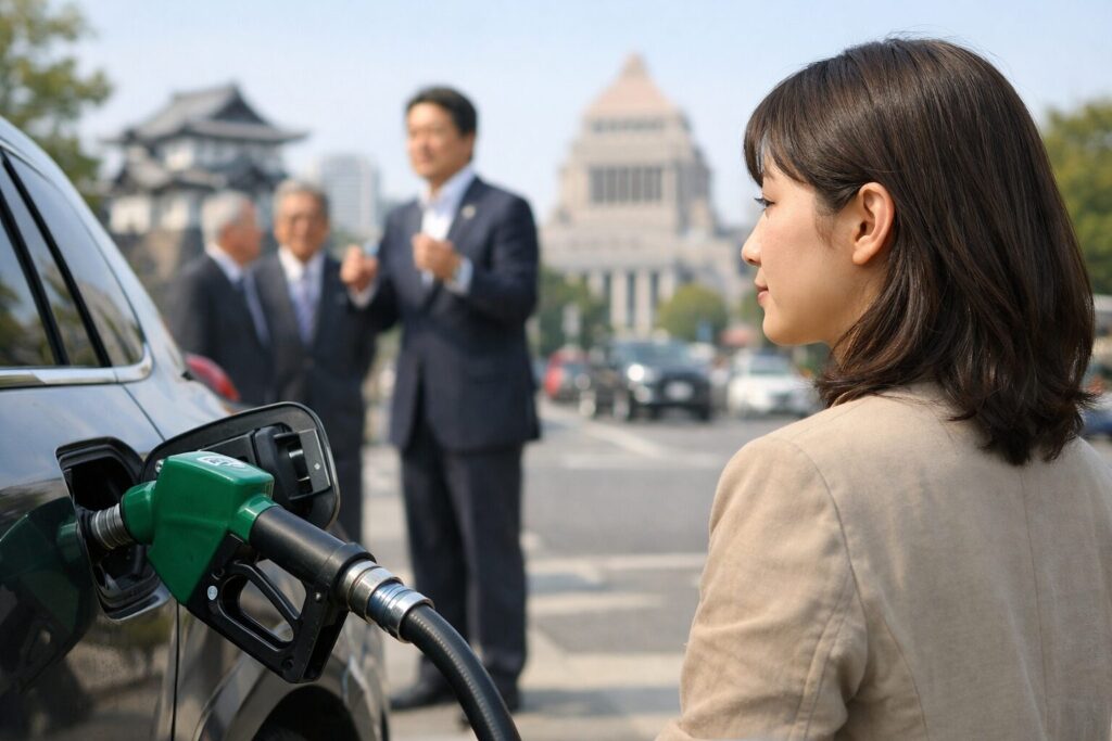 日本人女性がガソリン暫定税率廃止の影響を確認する様子