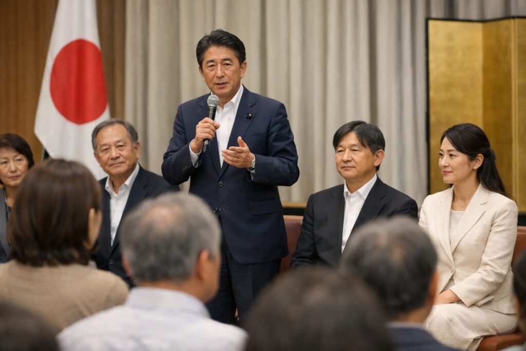 自民党集会で発言する日本人男性