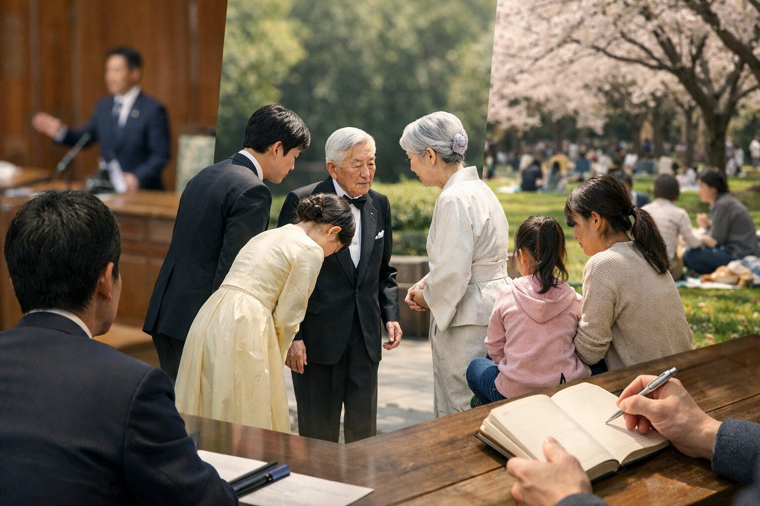 日本人男性が三大権利を学ぶ図