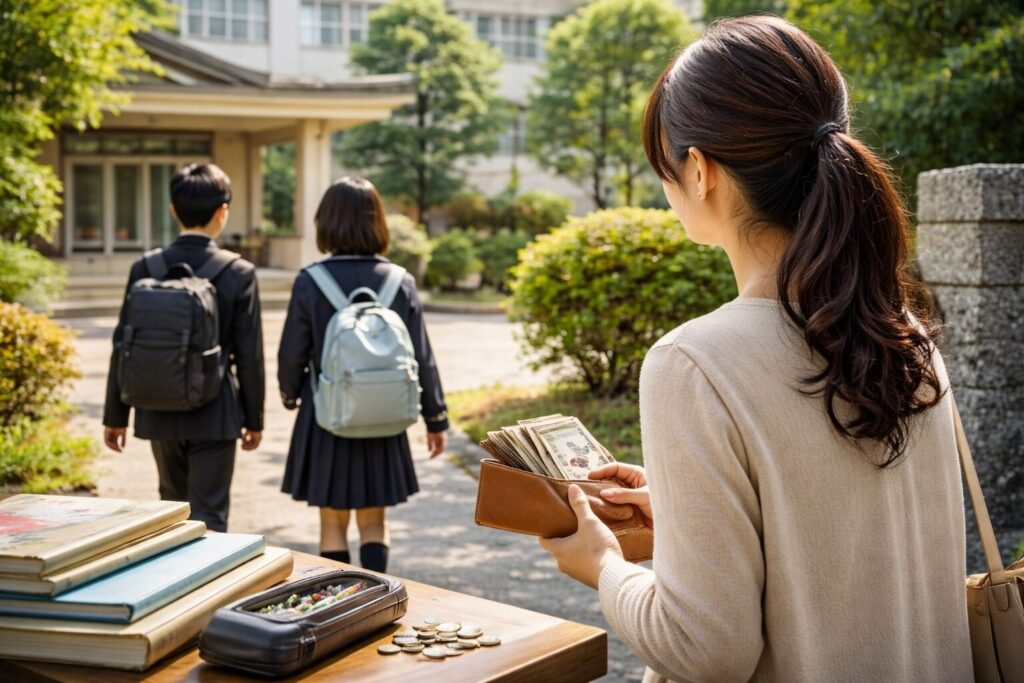 中学校無償化を説明する日本人女性