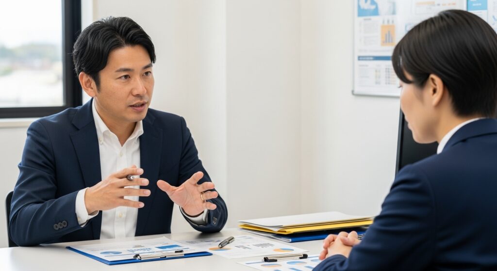 政治資金問題を解説する日本人男性