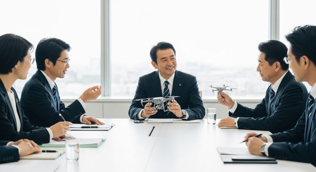 日本人男性がドローン制度を解説する様子