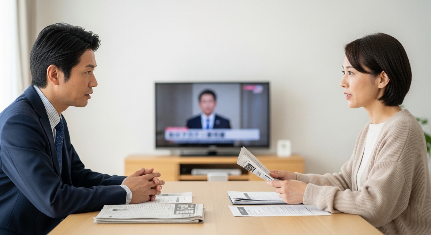 日本人男性が報道分析する様子