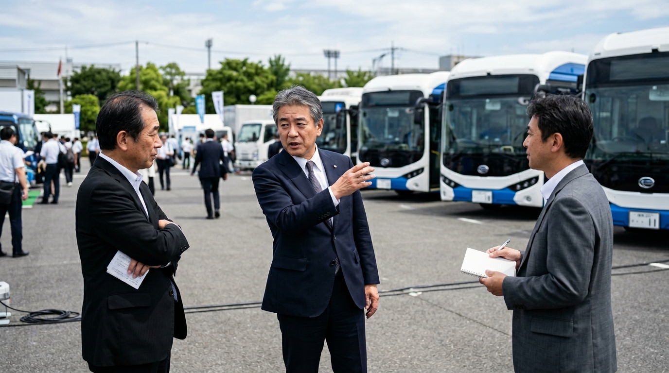 evモーターズジャパンと中国の並行輸入問題を象徴するEVバスと都市風景のイメージ画像