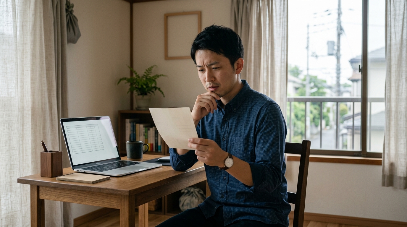 社会保険料を確認する日本人男性