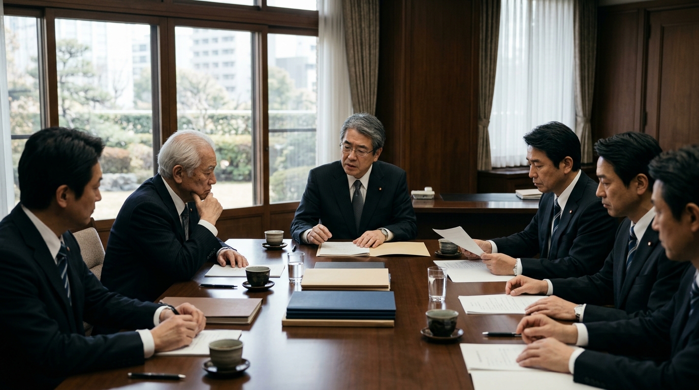 私立大学250校削減案について、男性研究者が財務省と文科省の資料を比較しながら大学改革を検討する政治・法律イメージ