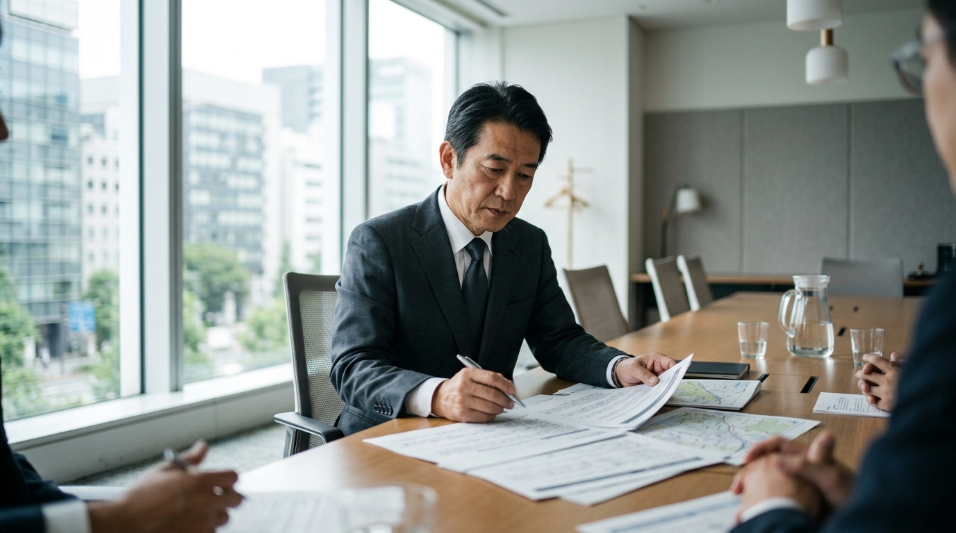 政調会長の役割をテーマに、男性議員が党の政策資料を確認しながら会議で議論を進める政治の現場