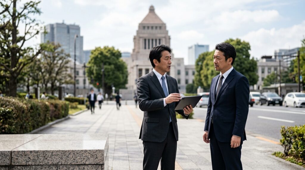 ベーシックインカムを巡る政治議論とAGI時代の財源問題を象徴する日本の国会イメージ