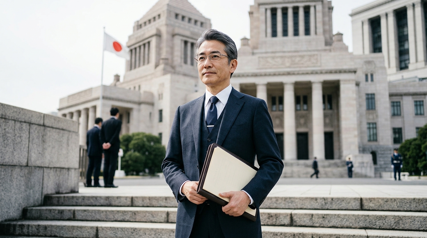 皇室典範第5条と皇位継承制度をイメージした男性と国会議事堂のイメージ