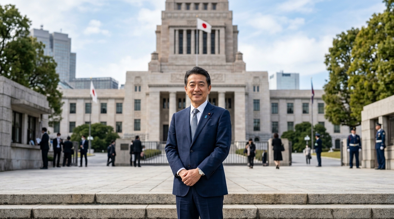 学校施設環境改善交付金と国会での政策議論をイメージした男性人物と国会議事堂