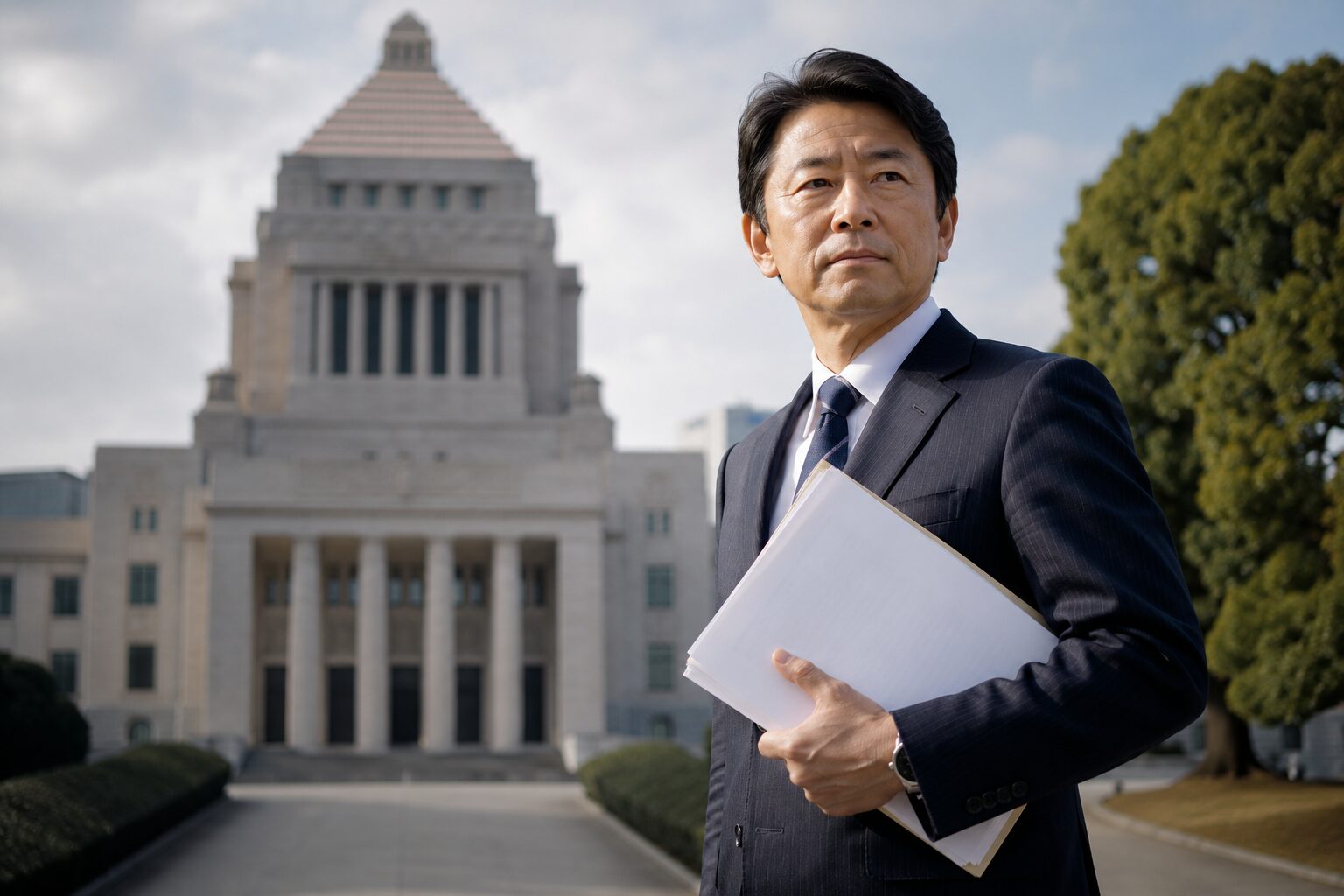再審制度見直し法案をテーマに、国会議事堂を背景に法改正を議論するイメージの男性人物