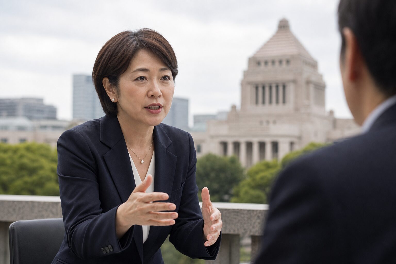 外国籍住民と生活保護制度を巡る国会議論をイメージした女性人物と政策背景