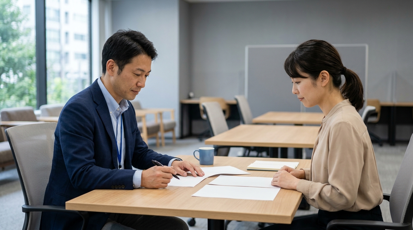 入管職員と在留審査は2026年にどう変わるのかを調べる男性が、申請書類を確認しながら情報を整理する様子を表すイメージ画像