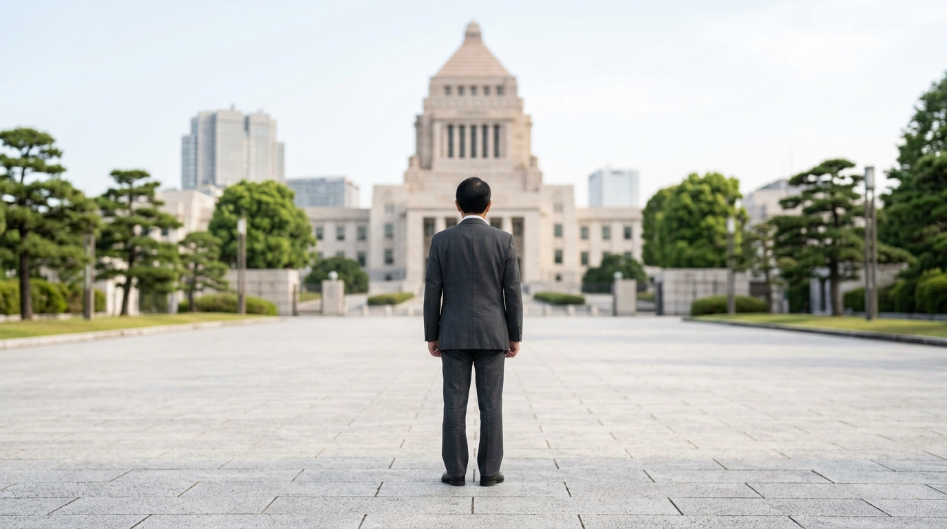 麻生太郎の息子と嫁に関する話題を調べる男性と、政治や公的活動を連想させる雰囲気を表すイメージ画像