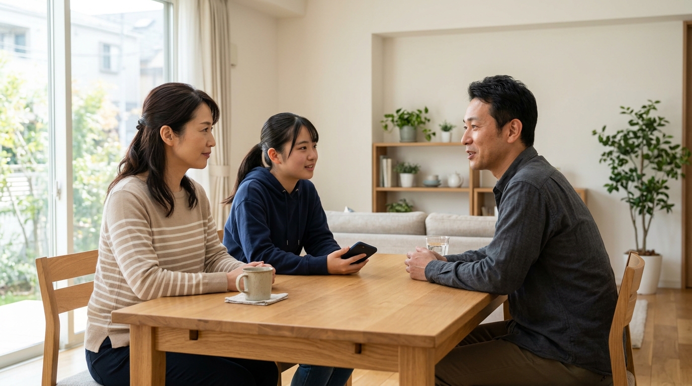 こども家庭庁のSNS利用制限はいつから始まるのかを調べる男性が、スマートフォンと資料を確認している様子を表すイメージ画像