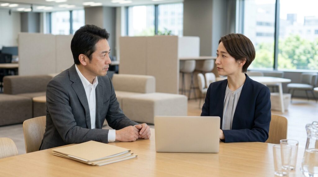 東京国税局の不祥事をテーマに、職場で複数の大人が協議や情報共有を行う様子を表すイメージ画像