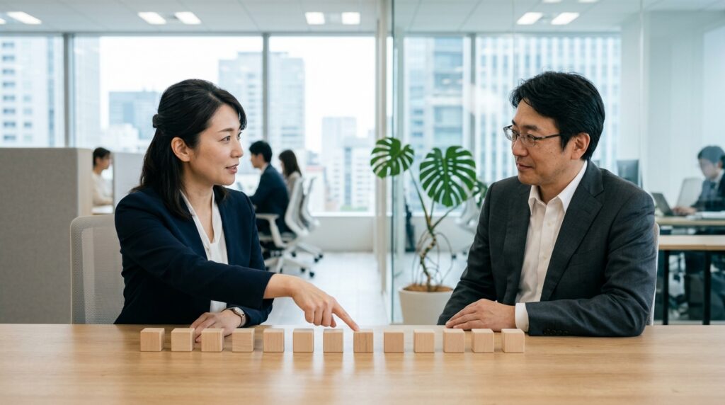政策に関する話し合いが行われる会議の様子を通じて、給付付き税額控除の導入時期や制度設計を表すイメージ画像