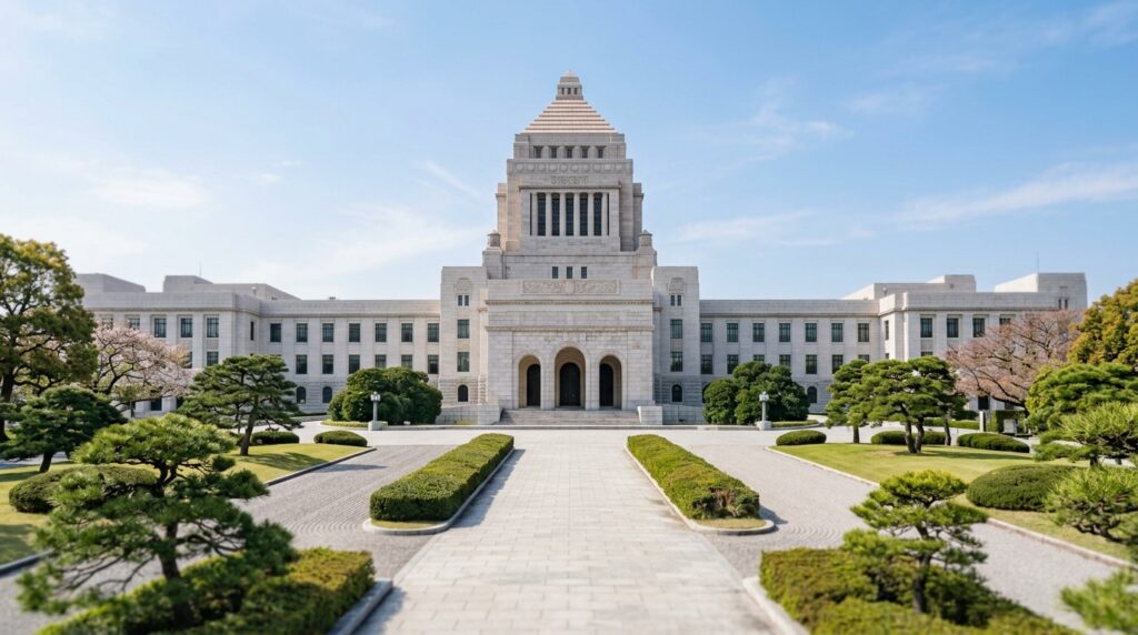 国会議事堂を背景に、麻生太郎の息子と嫁に関する話題や政治家の公的活動をイメージとして表すイメージ画像