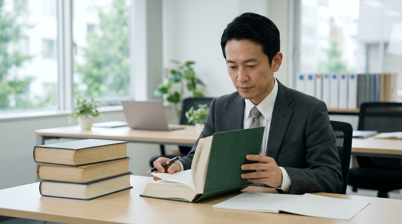 国旗損壊罪の条文について男性が法律資料や国旗を前に法的な論点を確認しながら考察している様子を表すイメージ画像